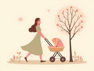 Young mother walking with baby stroller in nature park, symbolizing eco birth, gentle parenting, and harmony with the environment in minimalist pastel style
