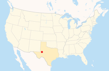 Location Map of the city Midland in Texas, USA. The state is marked orange and the city is highlighted with a red dot. No labels at all.