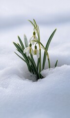 Delicate white snowdrops emerge from a blanket of snow