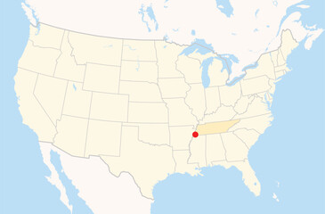 Location Map of the city Memphis in Tennessee, USA. The state is marked orange and the city is highlighted with a red dot. No labels at all.