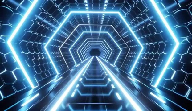 Wormhole Tunnel &ndash; Pulsing Blue Energy Strips & Liquid-Metal Hexagons with Holographic Glyphs in Loop