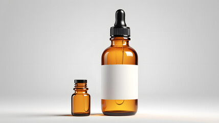 Amber glass dropper bottle with a blank white label.