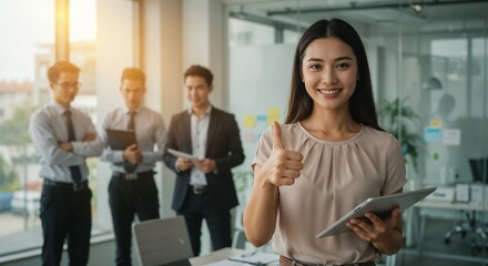 A professional woman smiles confidently while holding a tablet and giving a thumbs-up, surrounded by her colleagues in a modern, well-lit office environment, symbolizing teamwork, success