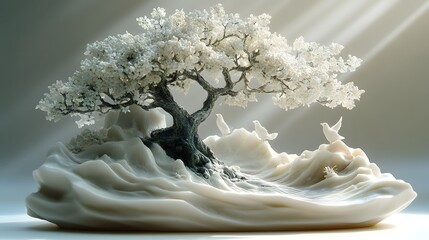 White ceramic olive tree sculpture with fine detail
