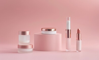 Beauty make up cosmetic women products accessories in line row on pink flat lay background, cheap discount commercial retail sale offer online purchase, top view above copy space, makeup wide banner