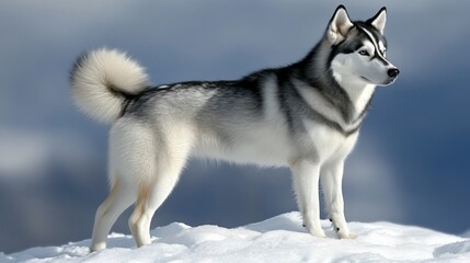 Fototapeta premium Siberian Husky in snow, standing proud with striking blue eyes. Fluffy tail, winter scene