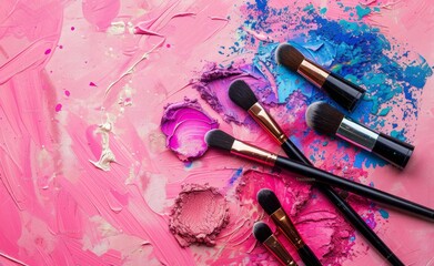 Beauty make up cosmetic women products accessories in line row on pink flat lay background, cheap discount commercial retail sale offer online purchase, top view above copy space, makeup wide banner