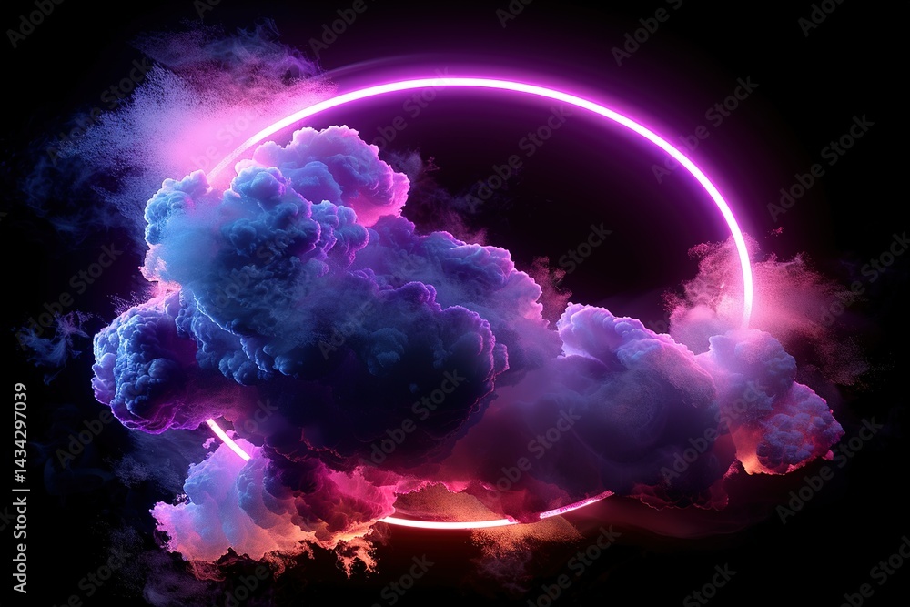 Poster neon ring surrounds colorful clouds on a dark background creating a surreal effect