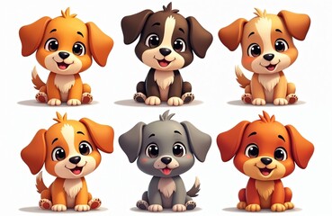 Obraz premium Charming cartoon puppies with unique coat colors expression. Friendly dogs smiling with happy, joyful faces. Adorable puppy illustrations suitable for kids, pet lovers, family, posters stickers.