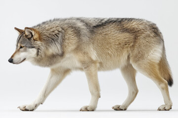 Fototapeta premium Majestic wolf walking gracefully across a plain white background, showcasing natural elegance