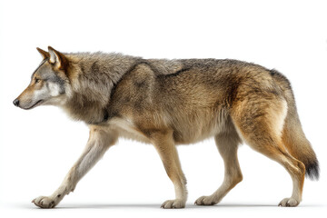 A majestic wolf walking gracefully across a white background, showcasing its natural elegance (1)