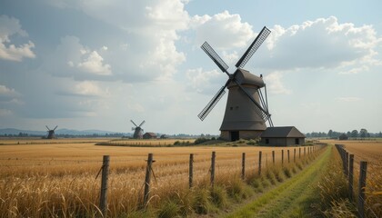 Fototapeta premium Windmill Surrounded by Golden Fields Under Blue Sky and Clouds