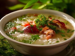 Shrimp and Pork Congee with Fresh Greens
, A warm bowl of congee with shrimp, crispy pork, and vibrant herbs, creating a comforting and flavorful meal.
