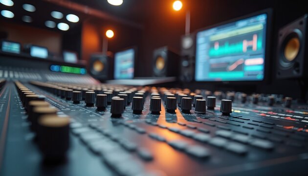 Close-up of modern music studio with pro audio mixing console. Studio recording equipment for sound production with digital audio workstation, speakers, computer screen. Tech for music creation.