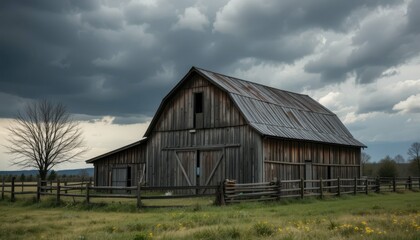 Obraz premium Charming Rustic Barn Surrounded by Dramatic Sky and Green Fields