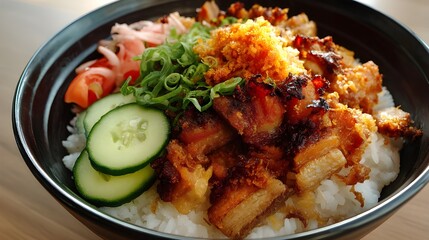 Crispy Pork Belly with Rice, Vegetables, and Pickles
, A bowl of crispy pork belly served on steamed rice, garnished with cucumber, pickled vegetables, and green onions for a savory and fresh meal.
