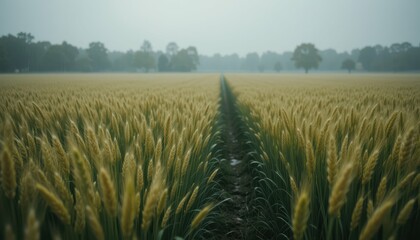 Lush Wheat Field Surrounded by Fog and Trees at Sunrise