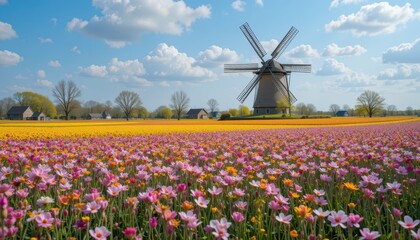Vibrant Tulip Field Under Blue Sky with Traditional Windmill
