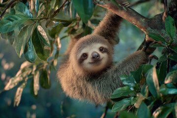 Fototapeta premium A sloth hanging from a tree branch, surrounded by lush green leaves in a serene forest environment