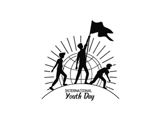 Happy children playing outdoors Youth Day, holliday under a whimsical rainbow. Silhouette illustration of three young people celebrating International Youth Day. A powerful graphic design celebrating 