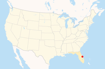 Location Map of the city Melbourne in Florida, USA. The state is marked orange and the city is highlighted with a red dot. No labels at all.