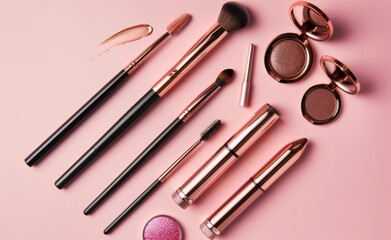 Beauty make up cosmetic women products accessories in line row on pink flat lay background, cheap discount commercial retail sale offer online purchase, top view above copy space, makeup wide banner