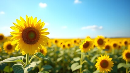Fototapeta premium Sunflowers field under bright blue sky, summer vibes