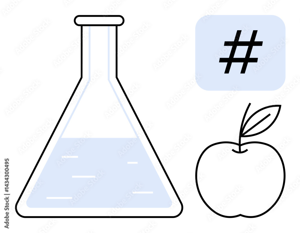 Poster laboratory flask with liquid, outlined apple, and metadata tag symbol in modern style. ideal for sci