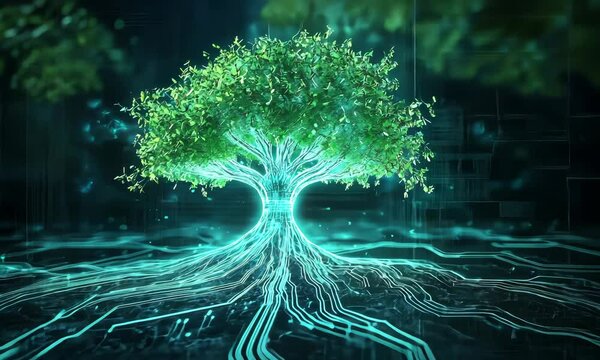 Futuristic tree with glowing roots illustrating technology and nature integration