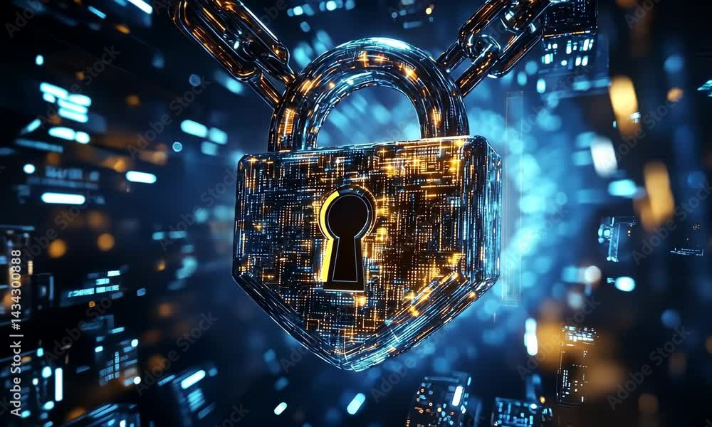 Poster digital security lock: futuristic concept of cyber protection in a dynamic virtual environment