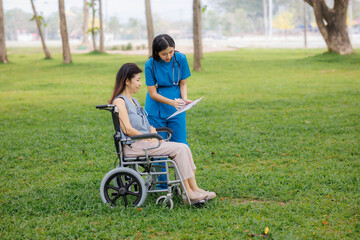 Fototapeta premium Amid the calming greenery of the hospital’s garden, a caring female physician provides thoughtful consultation and guidance on treatment for her patient.
