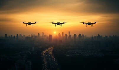 Three Drones Flying Over Cityscape at Sunset