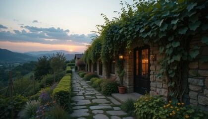 Obraz premium Scenic Stone Pathway Leading to Cozy Cottage with Vines at Sunset