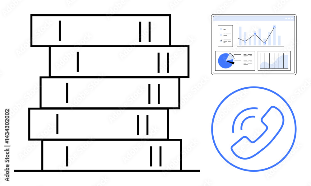 Poster stacked books for knowledge, analytics screen with graphs and charts, and a call icon for communicat