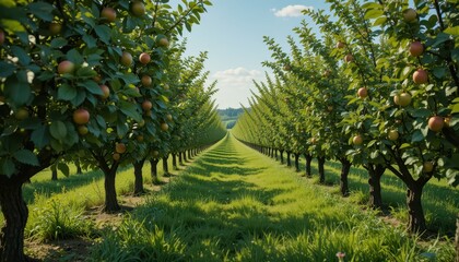 Fototapeta premium Lush Apple Orchard with Rows of Trees and Blue Sky Background