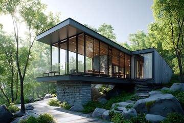 A modern architecture house nestled in the middle of a forest, blending sleek design with naturea??s beauty.