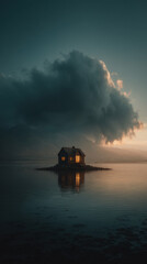 Fototapeta premium A charming small house sits peacefully on a tiny island surrounded by calm water, reflecting the warm light from its as dramatic clouds gather above, 150