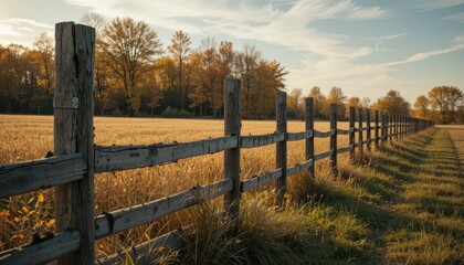 Obraz premium Serene Autumn Landscape with Rustic Wooden Fence and Golden Field