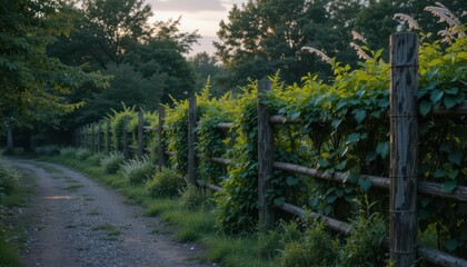 Obraz premium Serene Country Path with Lush Greenery and Wooden Fence at Sunrise