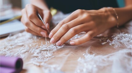 Hands of a fashion designer embroidering lace with needle and thread. Luxury craftsmanship, precision, and artistry captured in the process of haute couture garment creation.