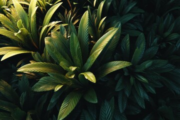 Fototapeta premium Lush green tropical foliage in the sunlight. Deep shadows and vibrant colors create a moody atmosphere.