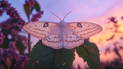 A stunning white moth with unique patterns perched on a green leaf at sunset, with soft purple and pink hues in the background.
