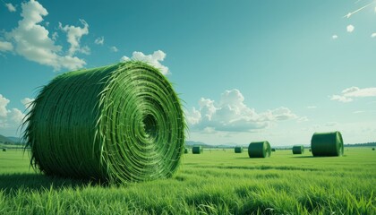 Green Hay Bales in Lush Field Under Bright Blue Sky and Clouds