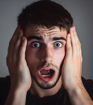 portrait d'un jeune homme de 25 ans qui se tient la t&ecirc;te entre les mains. Il a une expression de surprise, de peur et d'horreur sur le visage.