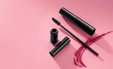 Obraz premium Beauty make up cosmetic women products accessories in line row on pink flat lay background, cheap discount commercial retail sale offer online purchase, top view above copy space, makeup wide banner
