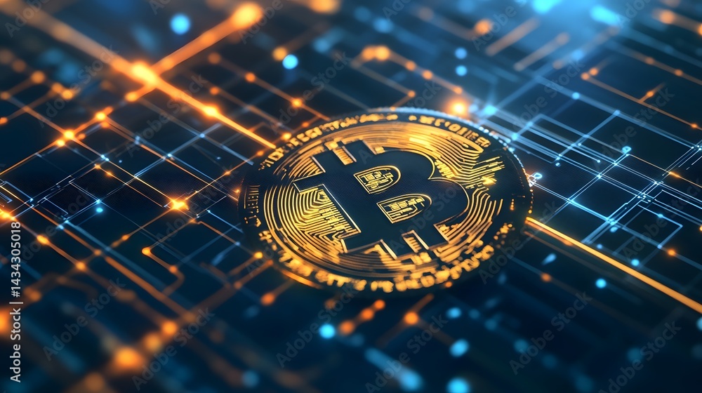Aufkleber bitcoin digital future: a gleaming bitcoin symbol resting atop a futuristic circuit board, symbolizi