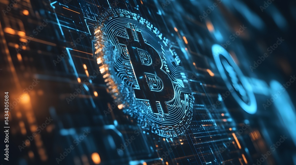 Aufkleber digital bitcoin: a striking macro image features a glowing digital representation of bitcoin amidst 
