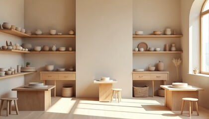 Minimalist pottery wheel studio with individual stations, equipped with wheel, stool, shelves for tools. Walls adorned with finished pottery, emphasizing craft. Neutral tones, natural light create