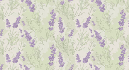 Lavender floral pattern with greenery on a light background  