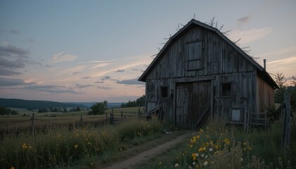 Obraz premium Rustic Wooden Barn at Dusk Surrounded by Rolling Green Fields